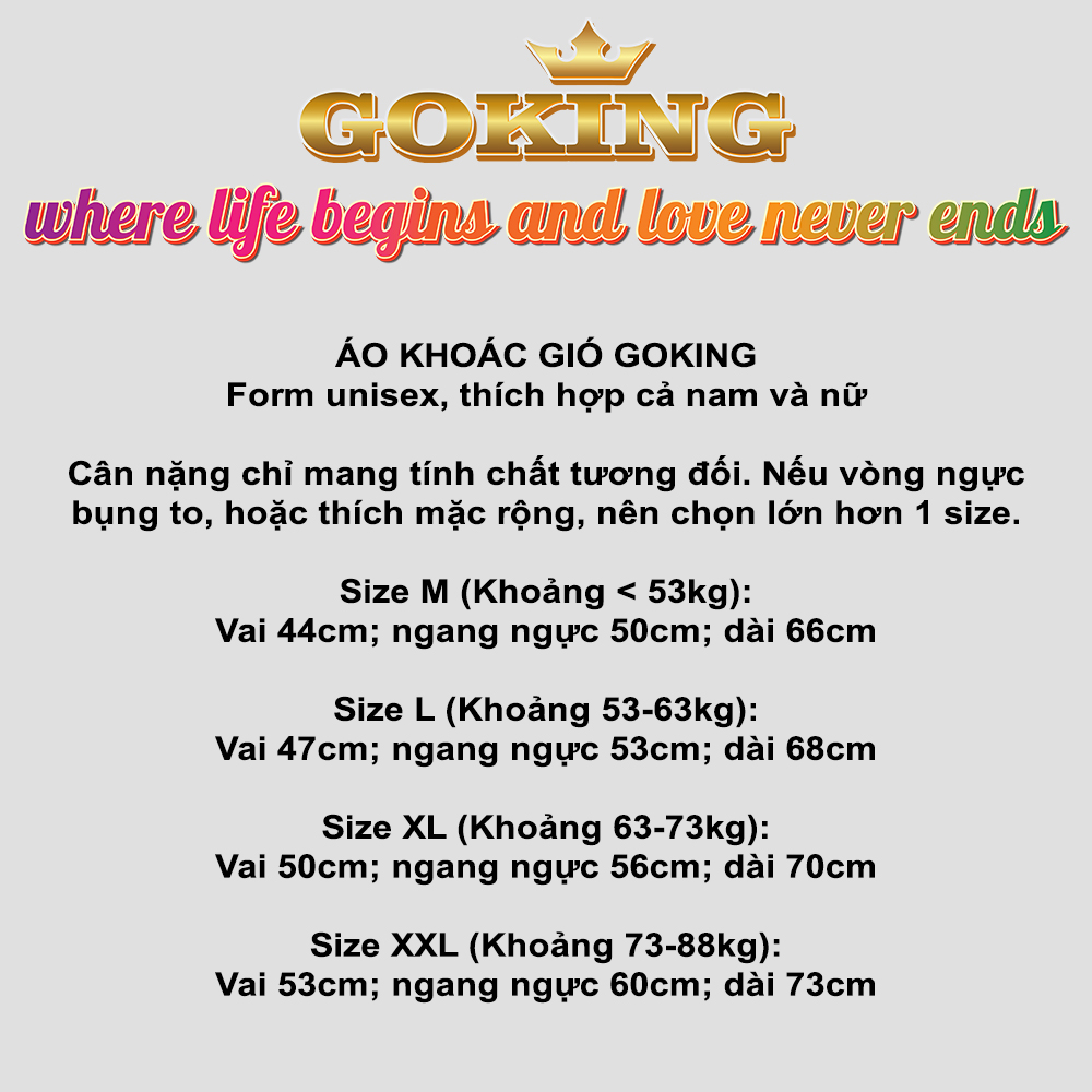 Áo khoác gió nam nữ Goking, ngoài vải dù, trong lót lưới. 3 túi tiện dụng. Mã akg.goking4