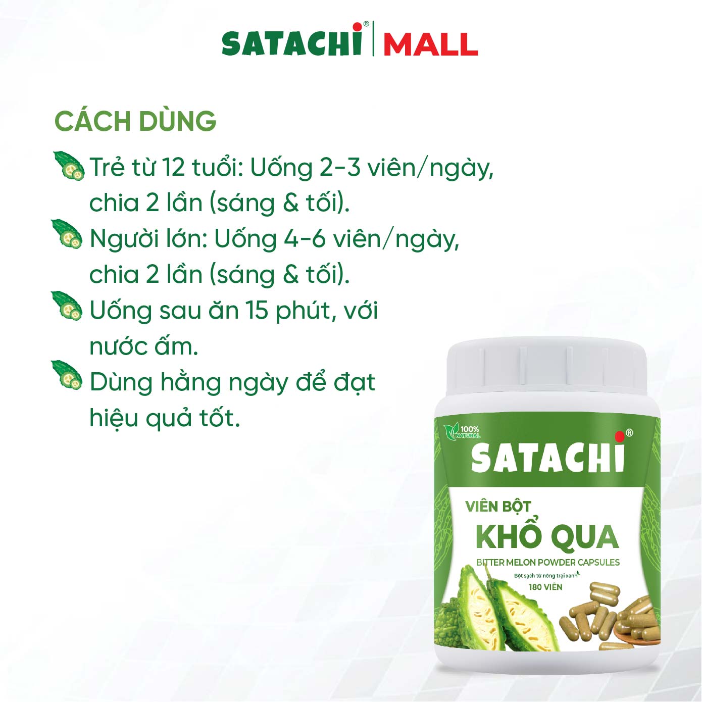 Viên Bột Khổ Qua Nguyên Chất SATACHI – 100% Từ Mướp Đắng – Dạng Viên Tiện Lợi – Hộp 180 viên