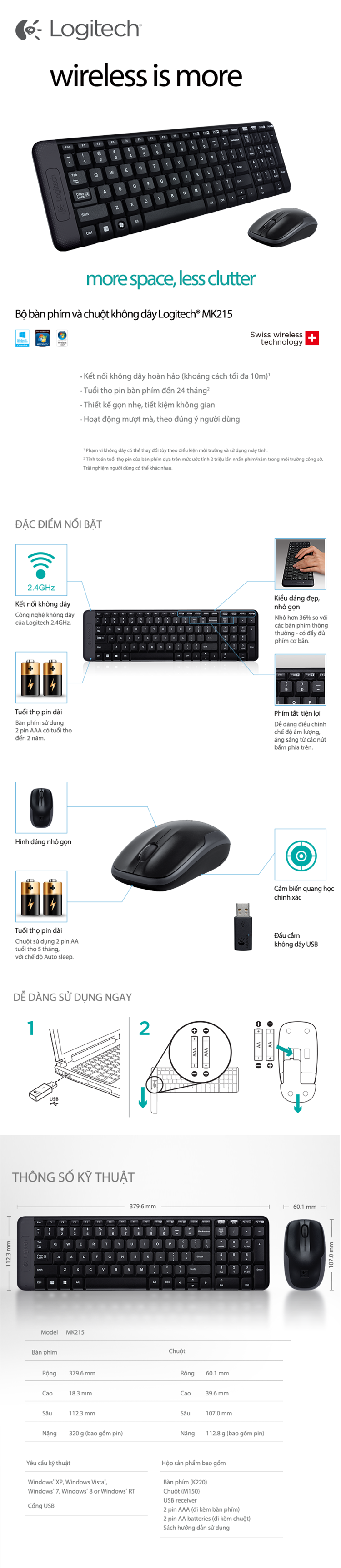 Bộ Bàn Phím Và Chuột Không Dây Logitech MK215 -Hàng Chính Hãng