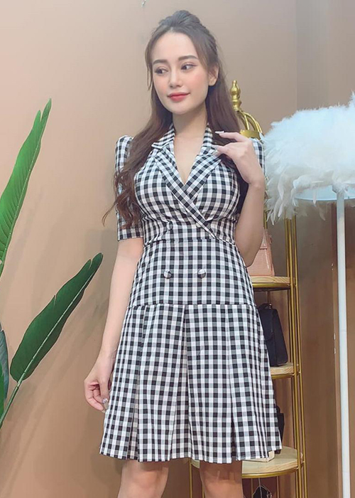 Đầm Xòe Caro Công Sở 2 Lớp Thời Trang