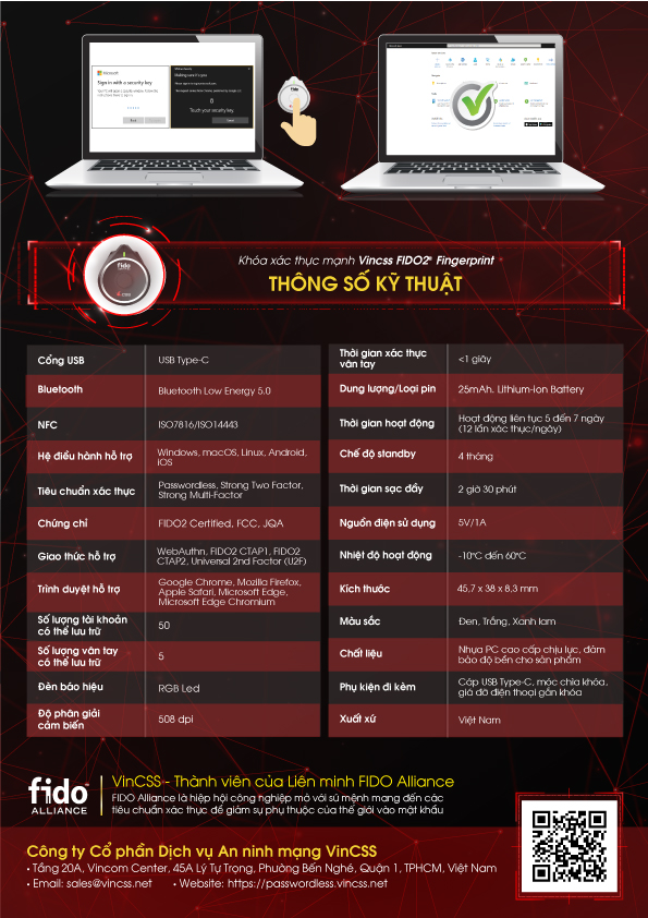 Khóa Xác Thực Mạnh VinCSS FIDO2 Fingerprint (Kết Nối USB Type-C, Bluetooth, NFC) – Sử Dụng Sinh Trắc Học Vân Tay - Hỗ Trợ Đăng Nhập An Toàn Không Mật Khẩu, Chuẩn UAF/U2F/FIDO2 - Hàng Chính Hãng
