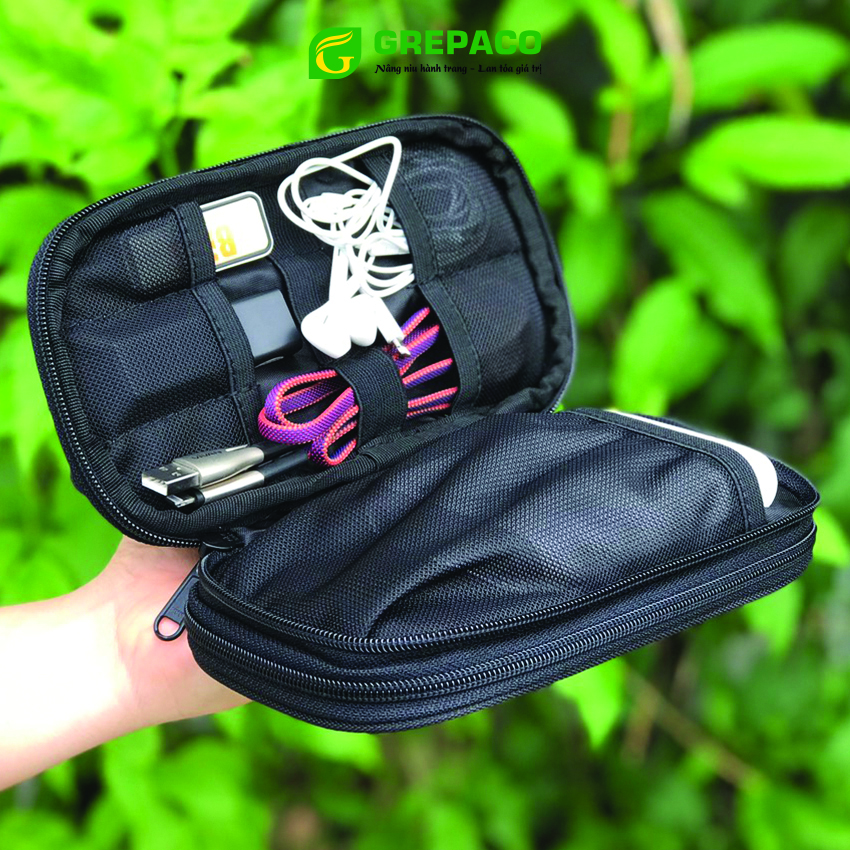 Túi Đựng Phụ Kiện Công Nghệ Grepaco, Pin Sạc Dự Phòng, Điện Thoại, Cáp Sạc USB, Tai Nghe Vải Bố Canvas, Nhiều Ngăn, Có Quai Cầm, Chống Nước, Khóa Kéo YKK Dành Cho Nam Nữ Đi Học, Làm, Du Lịch - Hàng Chính Hãng