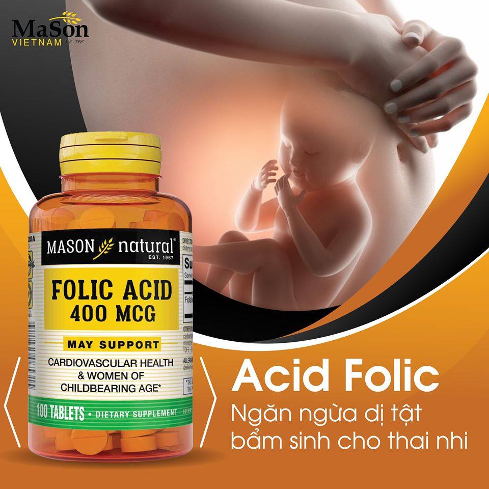 viên uống bổ bầu tăng cường sức khỏe mẹ ngăn ngừa dị tật thai nhi mason natural folic acid 400mcg 3