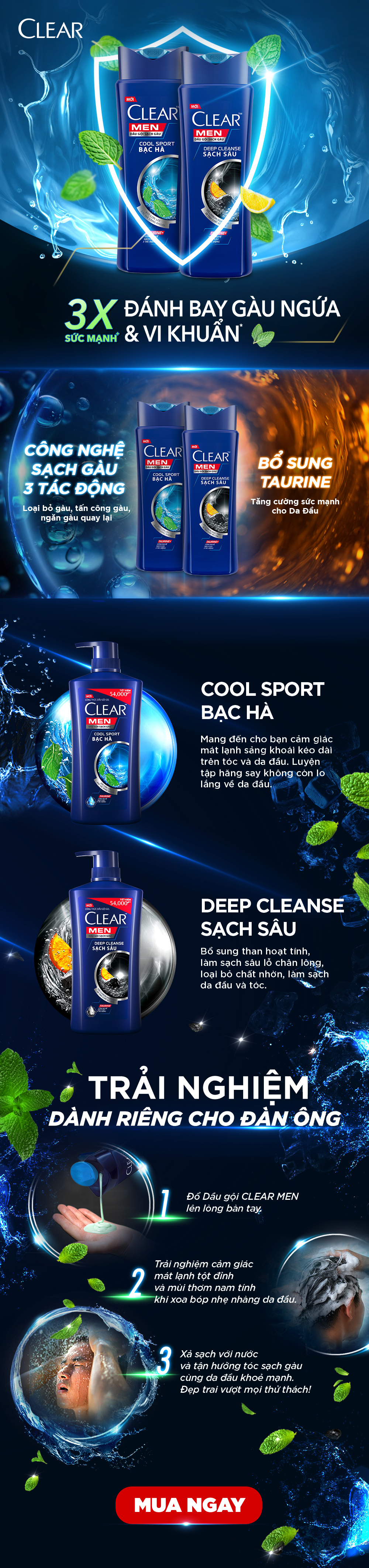 Dầu Gội Sạch Gàu Clear Men Cool Sport Bạc Hà (900g)