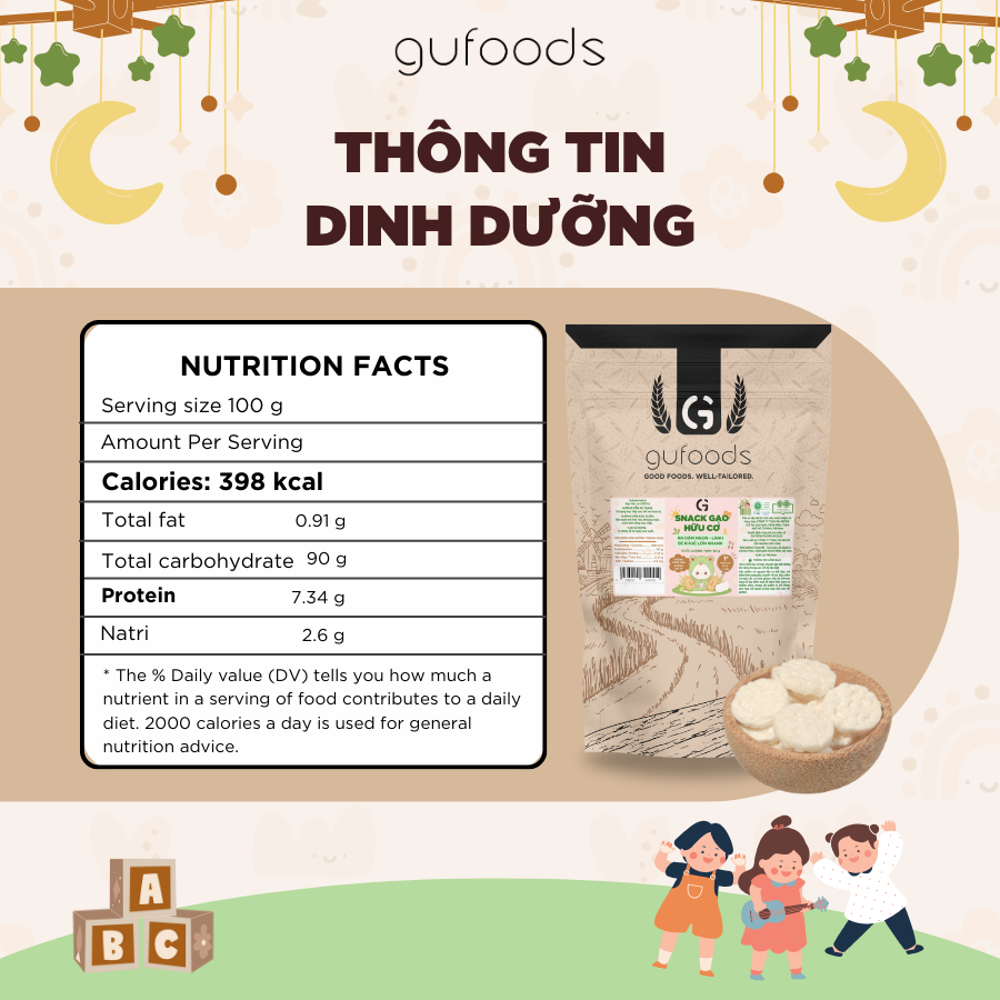 Bánh snack ăn dặm hữu cơ cho bé GUfoods - Thành phần gạo organic, Không gia vị, Dễ Tiêu hoá, Phù hợp cho bé từ 1 tuổi