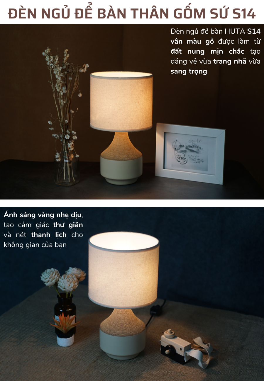 Đèn Ngủ Để Bàn Gốm Sứ Cao Cấp HUTA S14 Vân Màu Gỗ Độc Đáo Sang Trọng, Decor Trang Trí Phòng Ngủ, Khách Sạn, Đọc Sách Đầu Giường, Điều Chỉnh Độ Sáng, Ánh Sáng Vàng