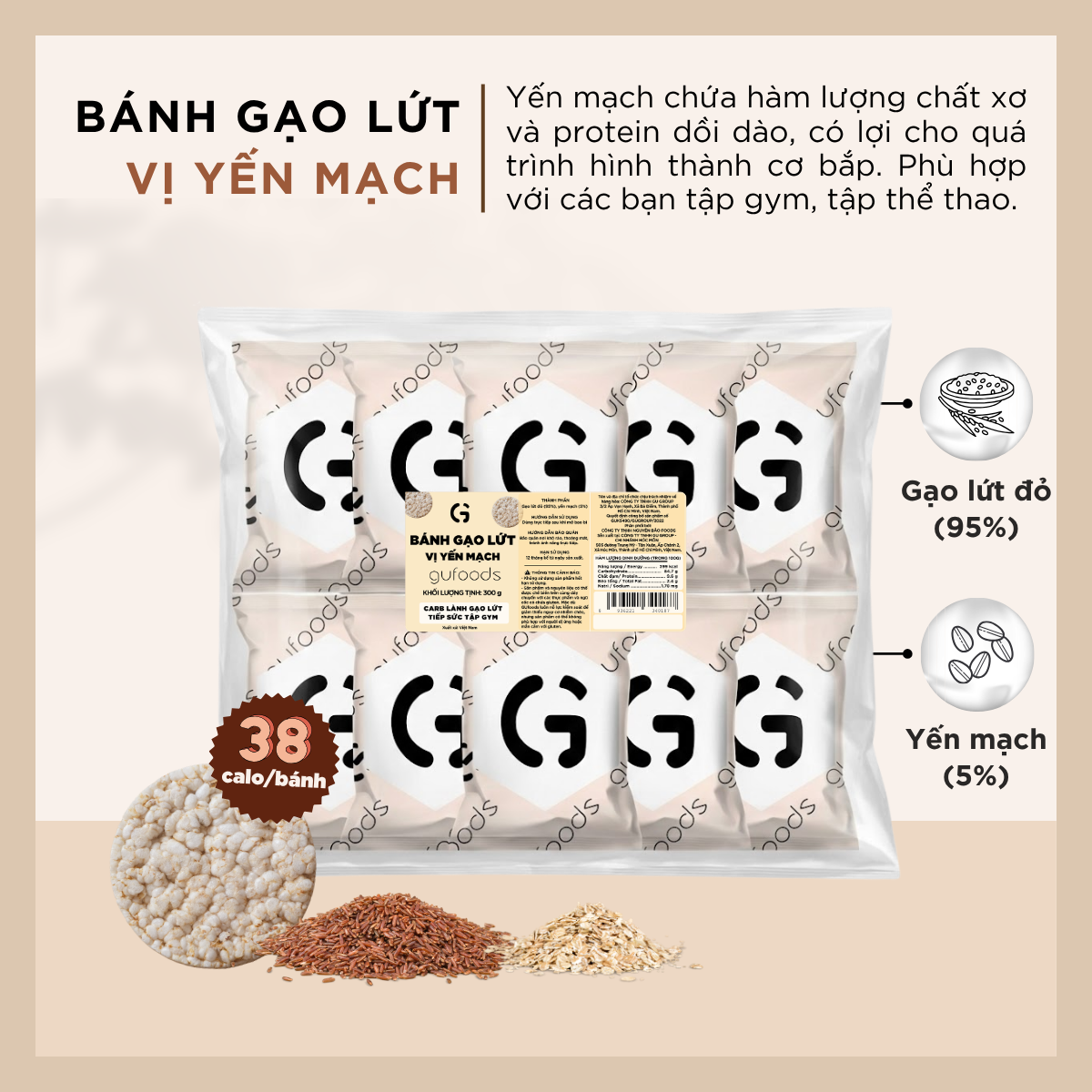 Bánh gạo lứt GUfoods - Không chiên dầu, Không đường, Từ gạo và ngũ cốc nguyên hạt, Lành mạnh, Phù hợp Eat clean, Ăn vặt healthy, Thực dưỡng, Tập gym, Thuần chay, Đa dạng hương vị (túi 300g = 30 bánh)