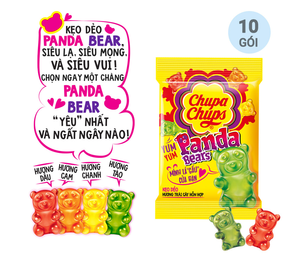 Kẹo dẻo Chupa Chups Panda House: 10 Gói kẹo dẻo Chupa chups vị Cola 24g + 10 Gói kẹo dẻo Chupa Chups vị Panda 24g