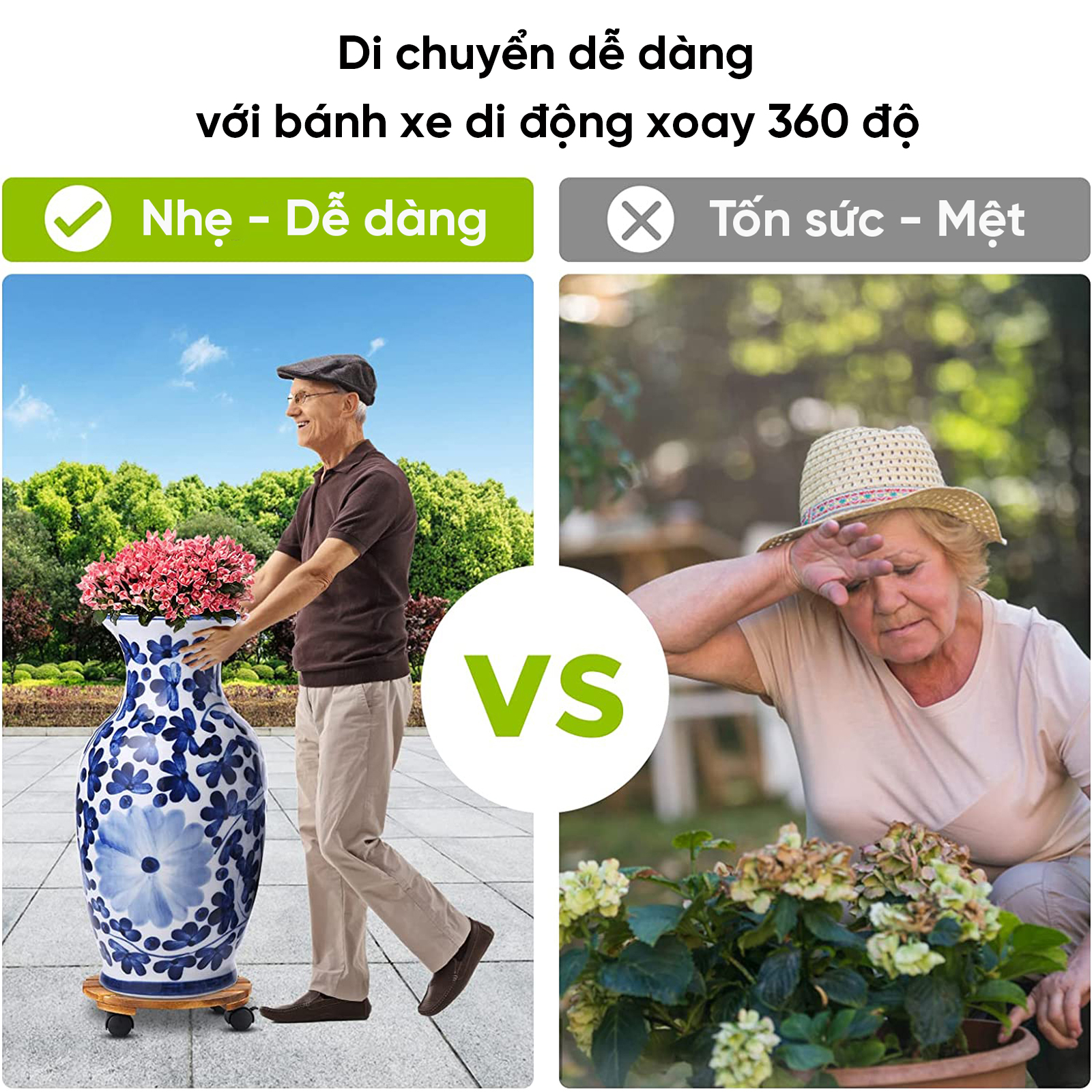 Combo 2 Đế Lót Chậu Cây Có Bánh Xe ANKAN 30cm Gỗ Tràm Mặt Tròn Màu Vàng, Chính Hãng