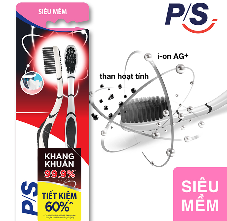 Combo Kem Đánh Răng P/S Than Hoạt Tính 230g Và Bộ 2 Bàn Chải P/S Than Bạc