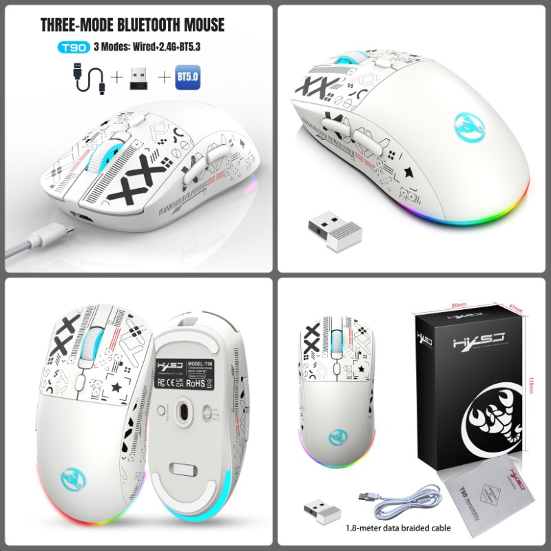 Chuột Led RGB Không Dây chống ồn T90 đa kết nối Bluetooth 5.3 + Usb 2.4 + Cáp 3600Dpi Pin Sạc TypeC hàng nhập khẩu