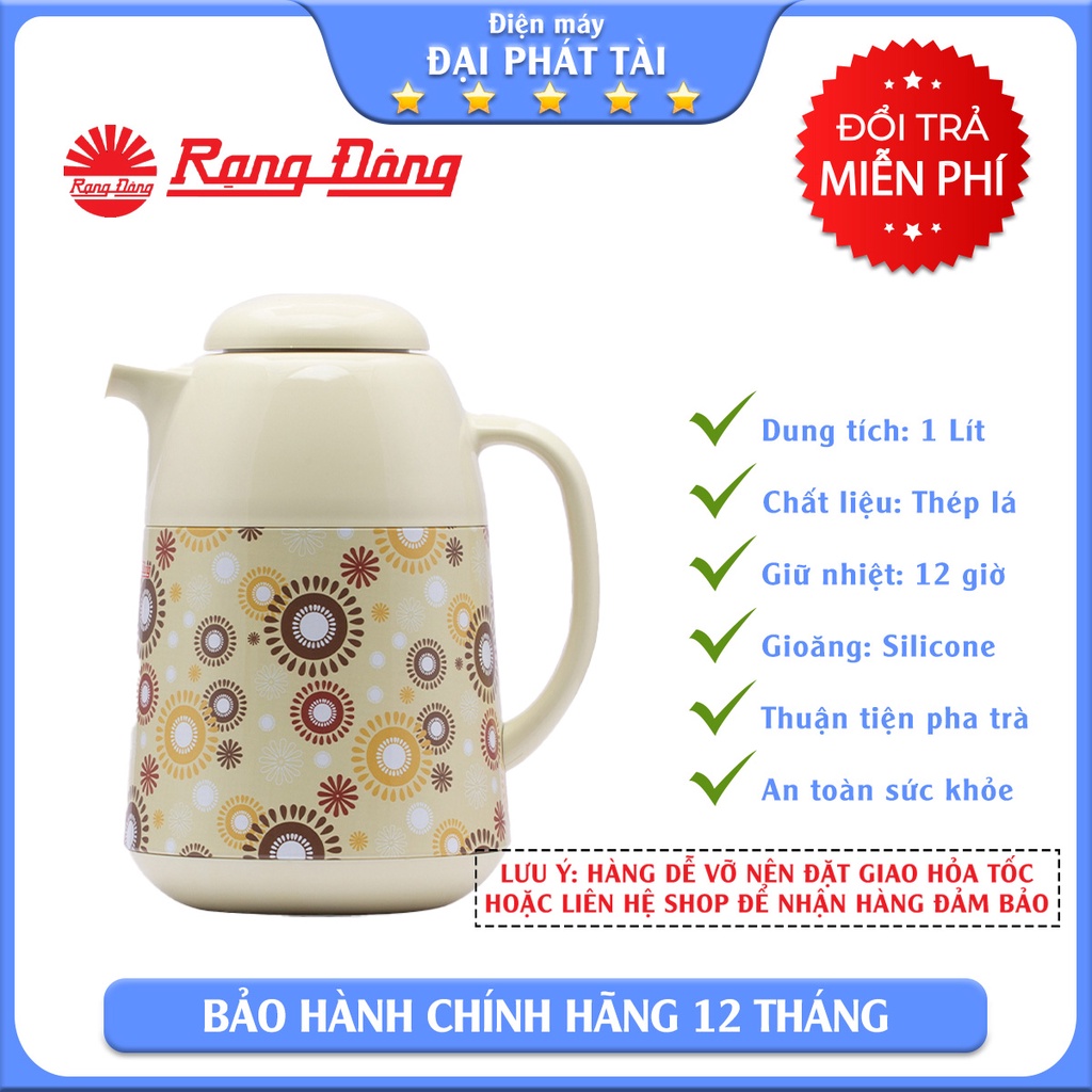 Phích pha trà cao cấp Rạng Đông, 1 lít, giữ nhiệt, thân sắt, vai nhựa, Model: RD-1045TS.E- Chính hãng