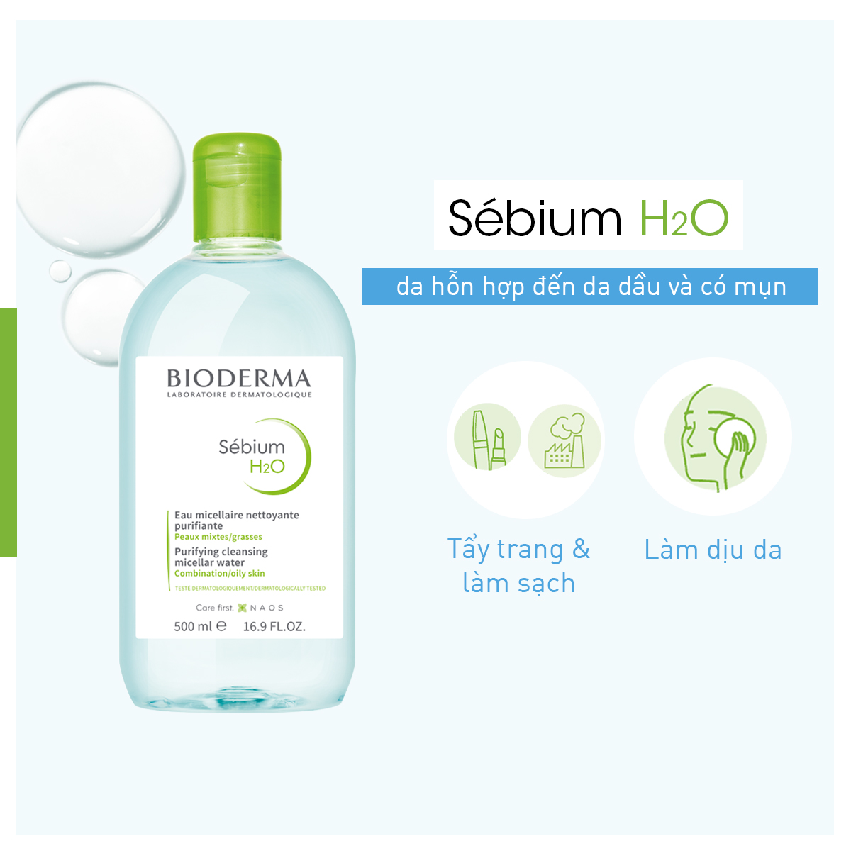Nước tẩy trang cho da dầu mụn Bioderma xanh Sébium H2O