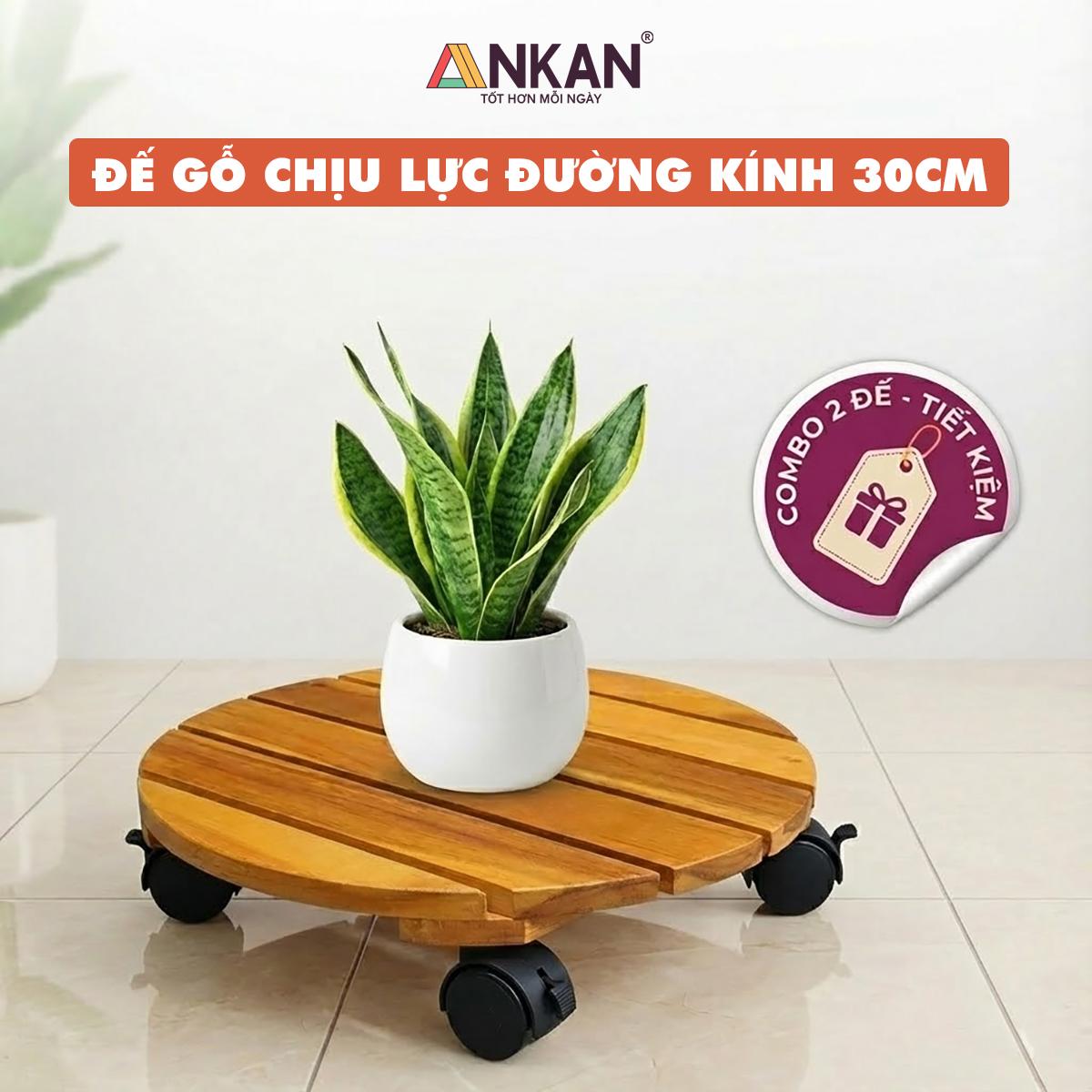 Đế Lót Chậu Cây Có Bánh Xe Thương Hiệu ANKAN, Đế Để Chậu Cây, Có Bánh Xe, Mặt Tròn Bằng Gỗ Tràm, Màu Vàng Đường Kính 30 Cm, Tải Trọng 80kg - Dễ Dàng Đẩy Cây Ra Ngoài Phơi Nắng, Dọn Dẹp Sân Vườn Khi Trời Mưa