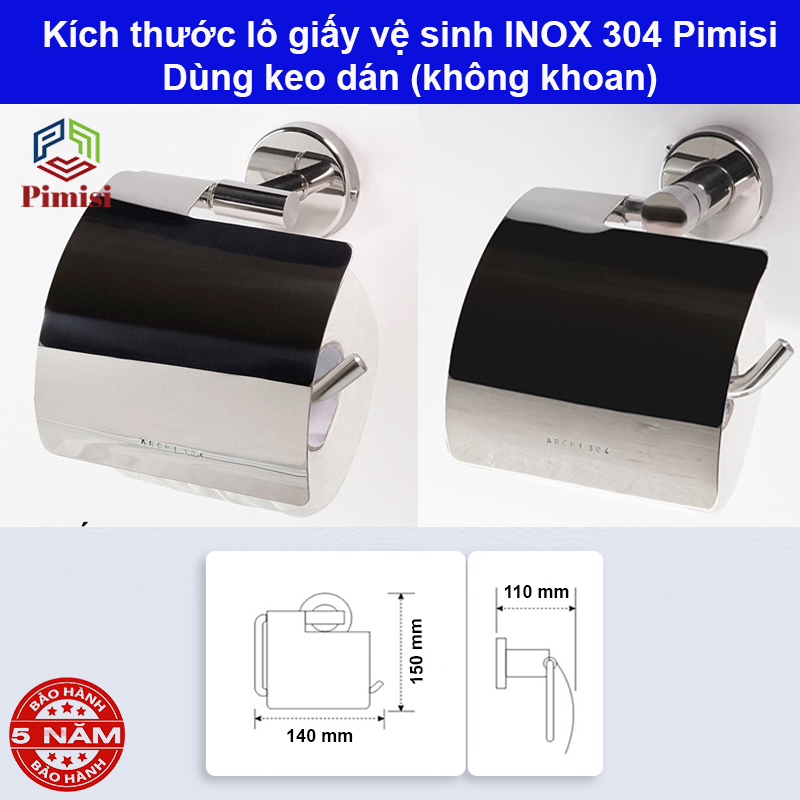 Kích thước lô giấy vệ sinh inox 304 Pimisi dùng keo dán không cần khoan