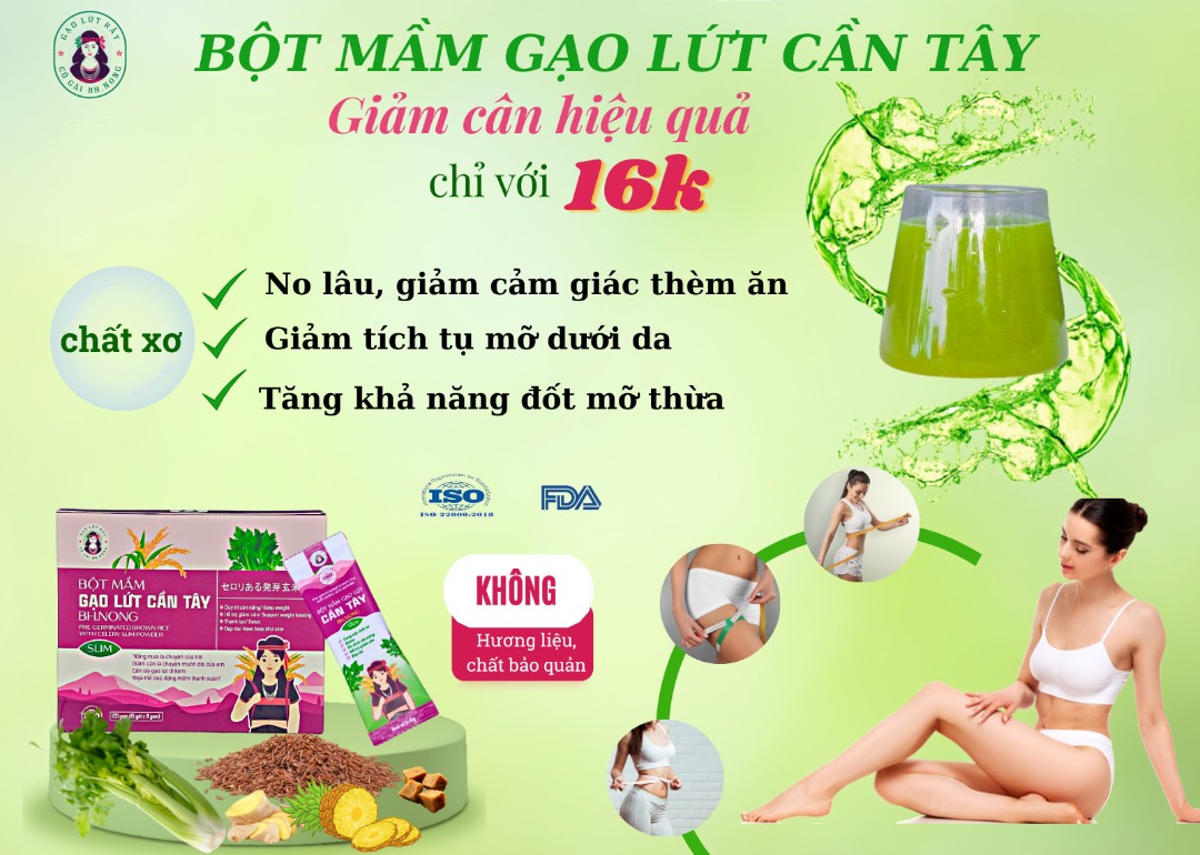 bột mầm gạo lứt cần tây cô gái bh.nông thon gọn tự nhiên, detox, yoga, thể 3