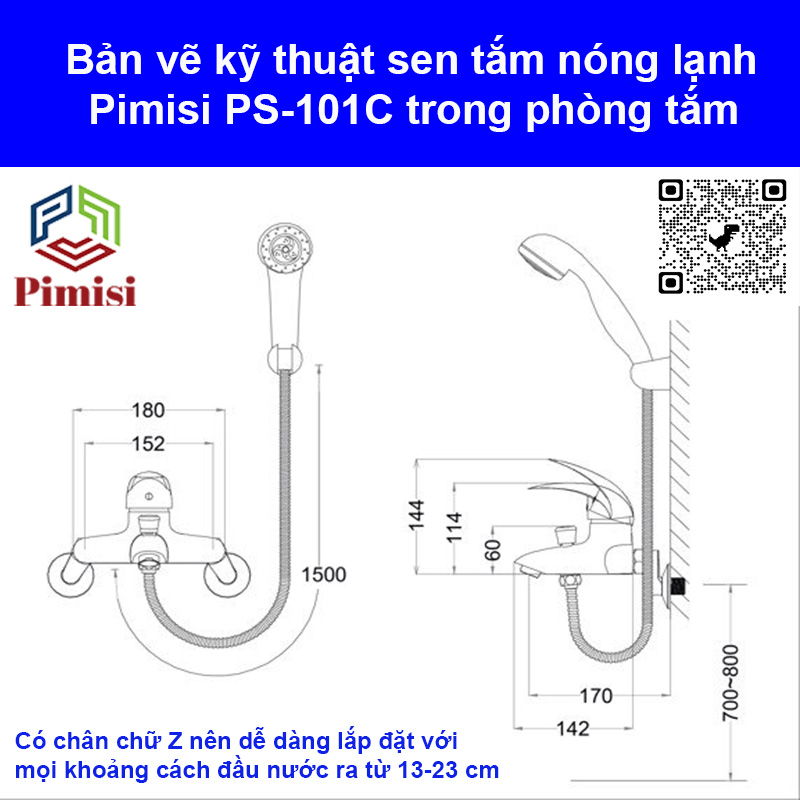 Bản vẽ kỹ thuật sen tắm nóng lạnh Pimisi PS-101C gắn tường