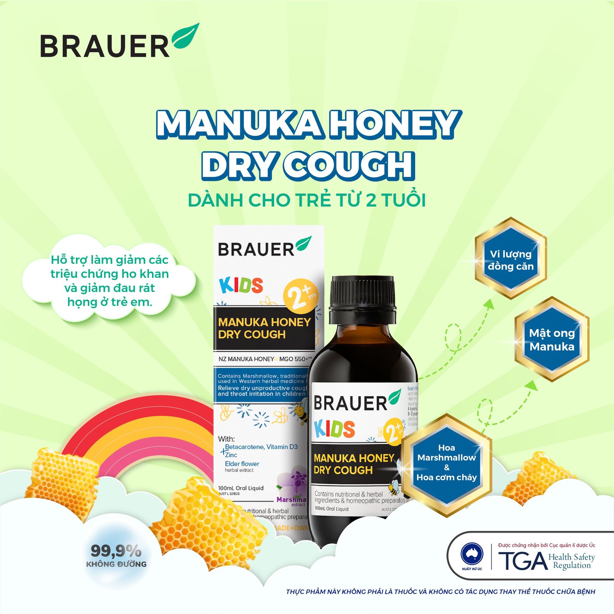 Siro hỗ trợ giảm ho cho trẻ từ 2 tuổi Brauer Manuka Honey Úc