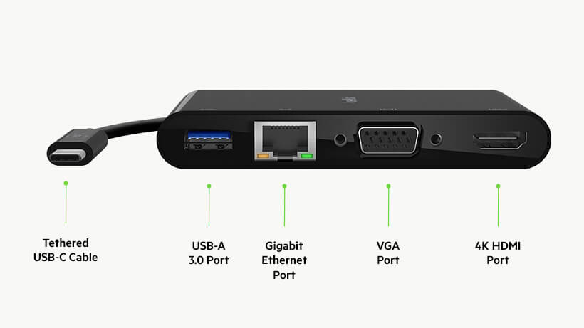 Hub USB Type-C  Belkin chia 5 cổng USB-A 3.0/VGA/HDMI 4K/LAN Ethernet Gigabit/USB-C + Sạc PD 100W - AVC004btBK - Hàng chính hãng