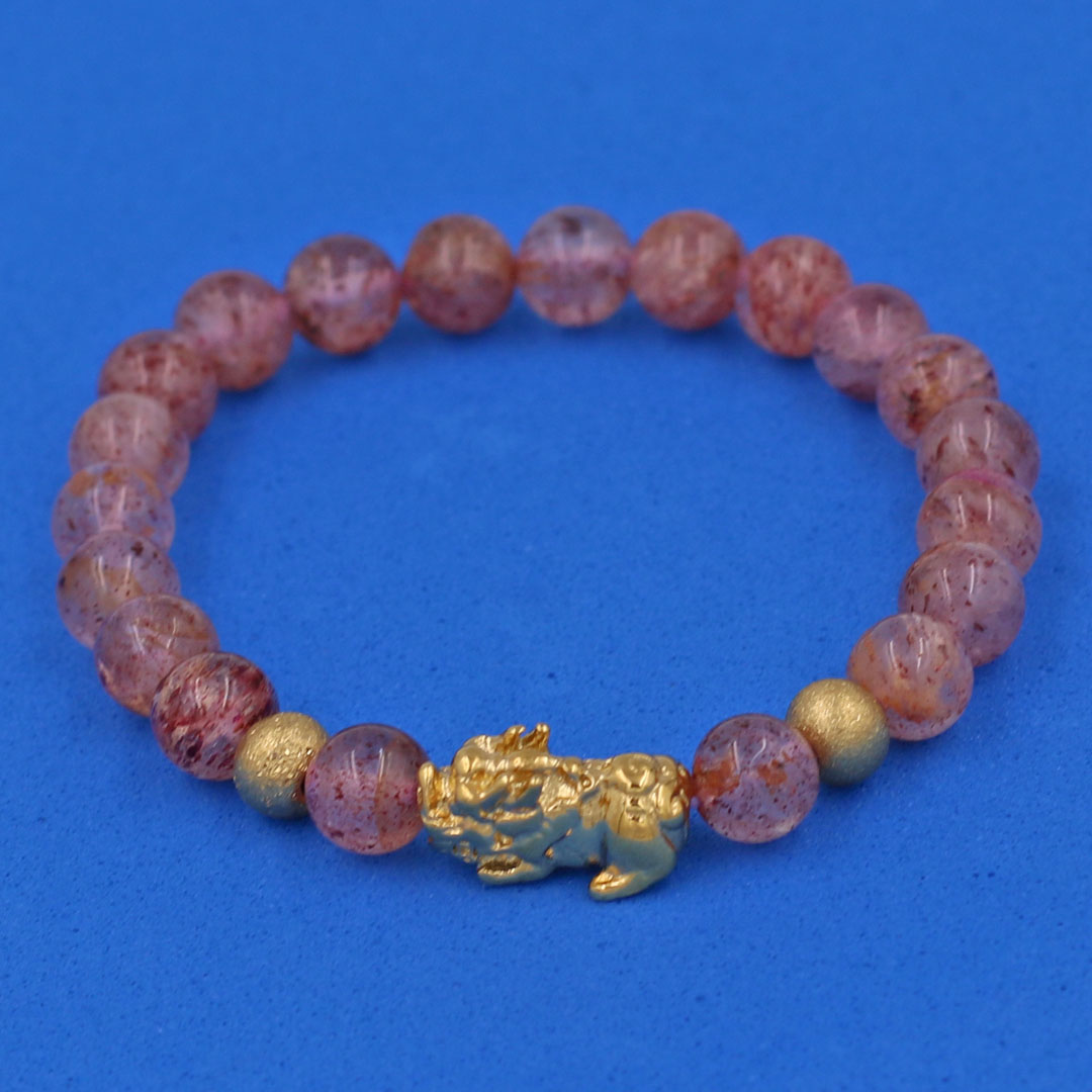 Vòng tay Thạch Anh Dâu Tây 6 ly cẩn Tỳ Hưu inox vàng VTADTTHHBV6 - hợp mệnh Hỏa, mệnh Thổ