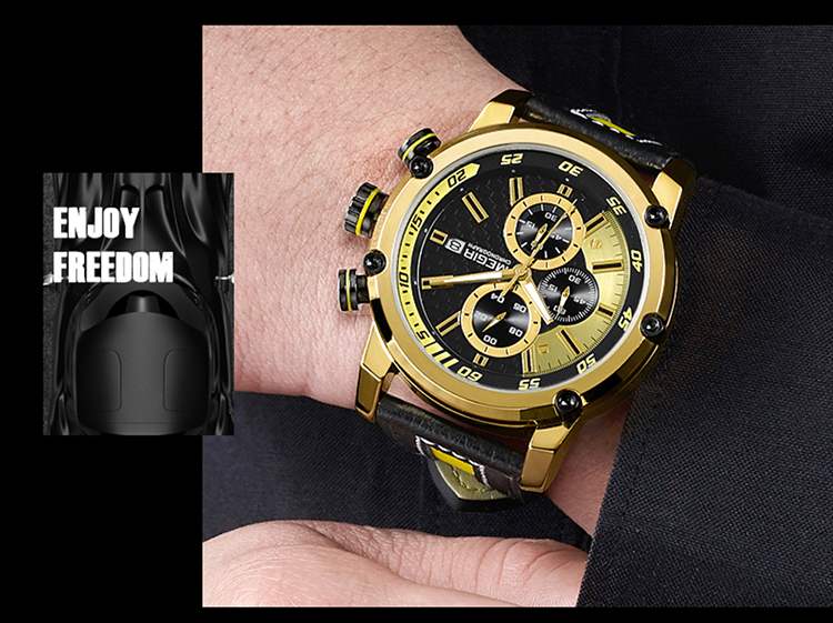 MEGIR Men Watch Leather Strap Quartz Sport Wristwatch Calendar Fashion Casual Male Watches - Black