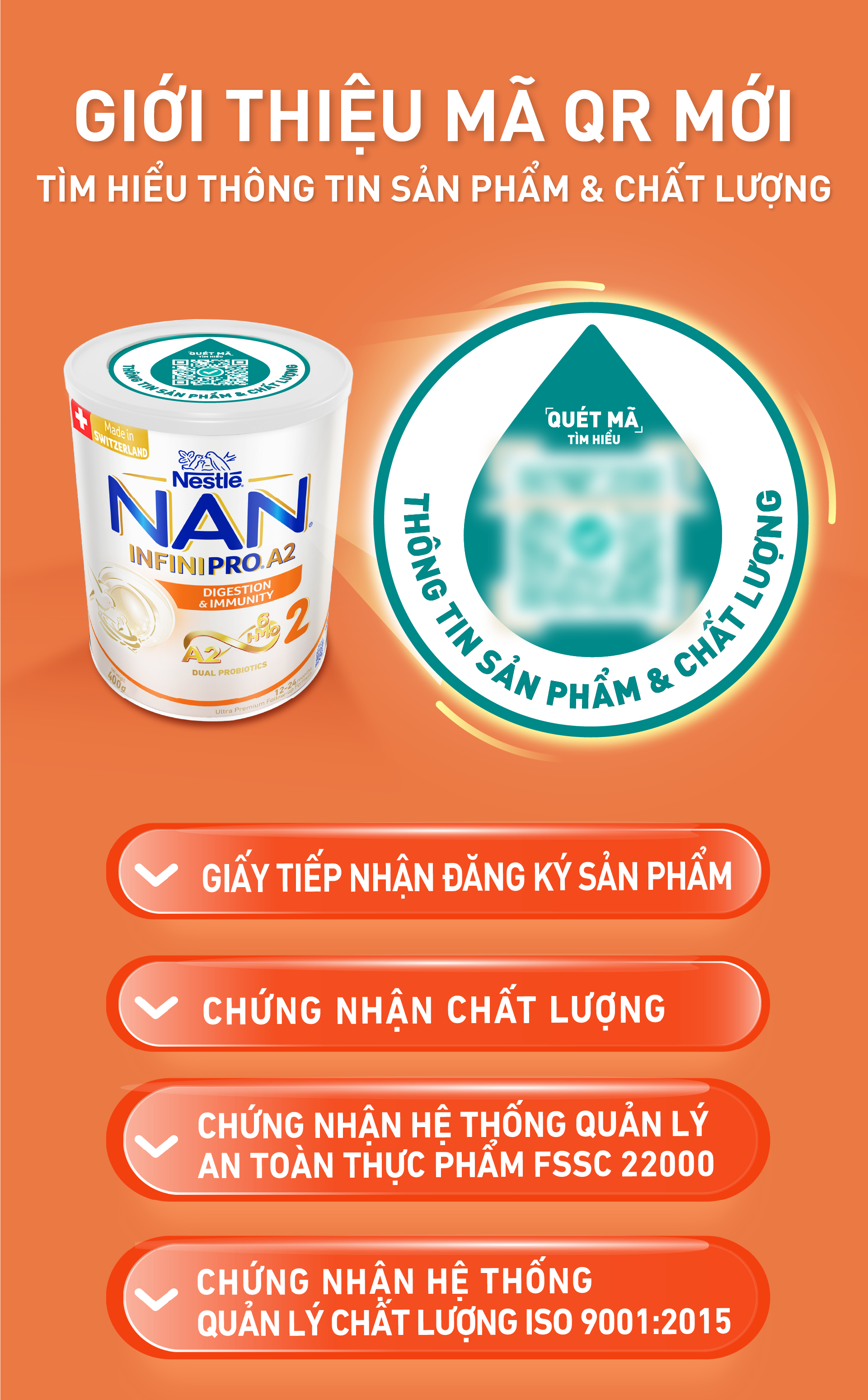 Sữa bột NAN INFINIPRO A2 2 với công thức đầu tiên kết hợp giữa đạm quý A2 & 6HMO & Dual Probiotics nhập khẩu Thụy Sĩ - Hộp 400g cho bé 12 - 24 tháng