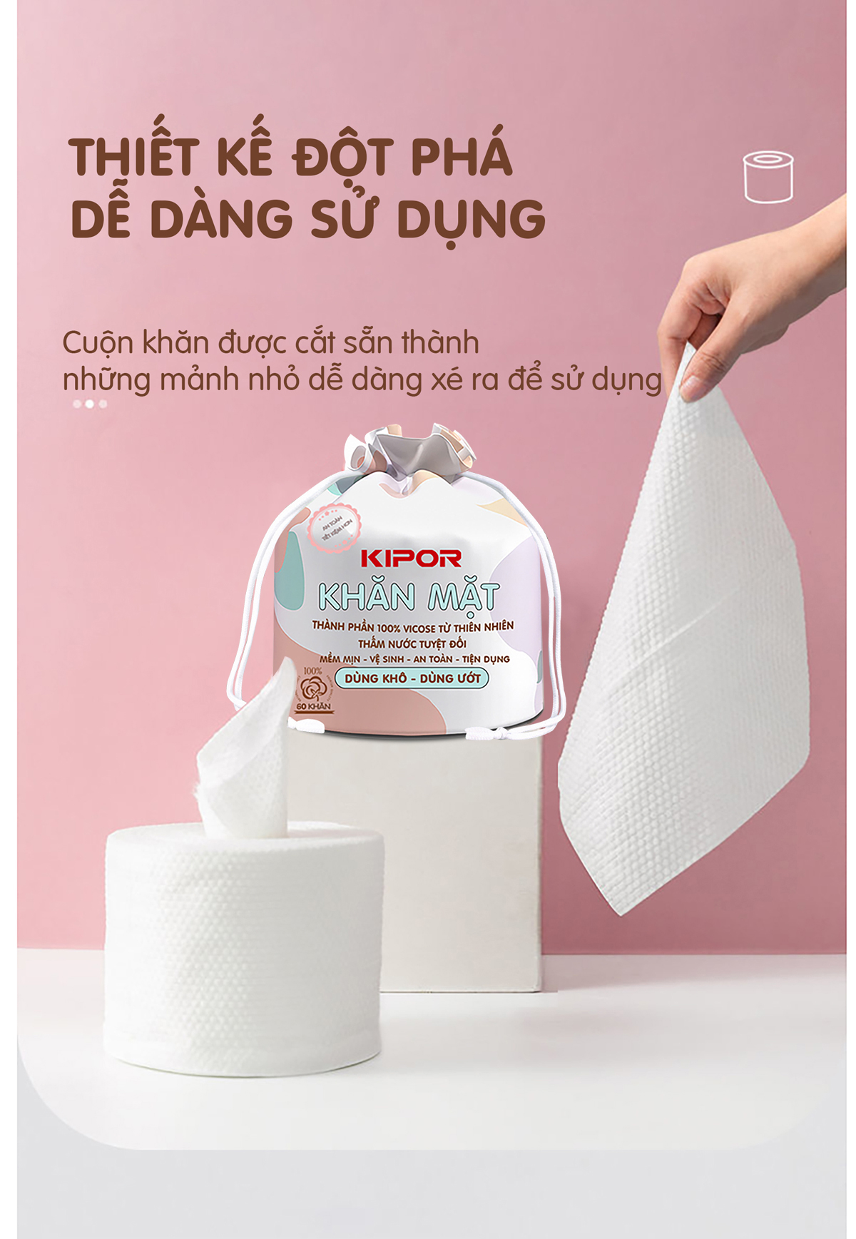 Khăn mặt khô KIPOR dùng 1 lần lau khô, lau ướt - 60 khăn/cuộn, kích thước 20x20cm - Hàng chính hãng