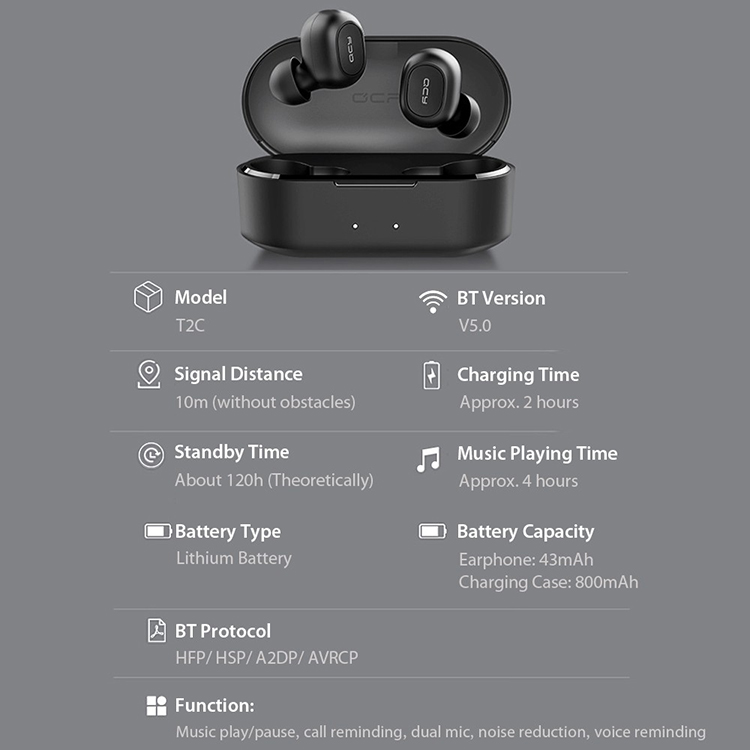 Global Version Xiaomi QCY T2C TWS BT Wireless Earphones with Dual Microphone 800mAh Charging Box Stereo BT Headsets Black