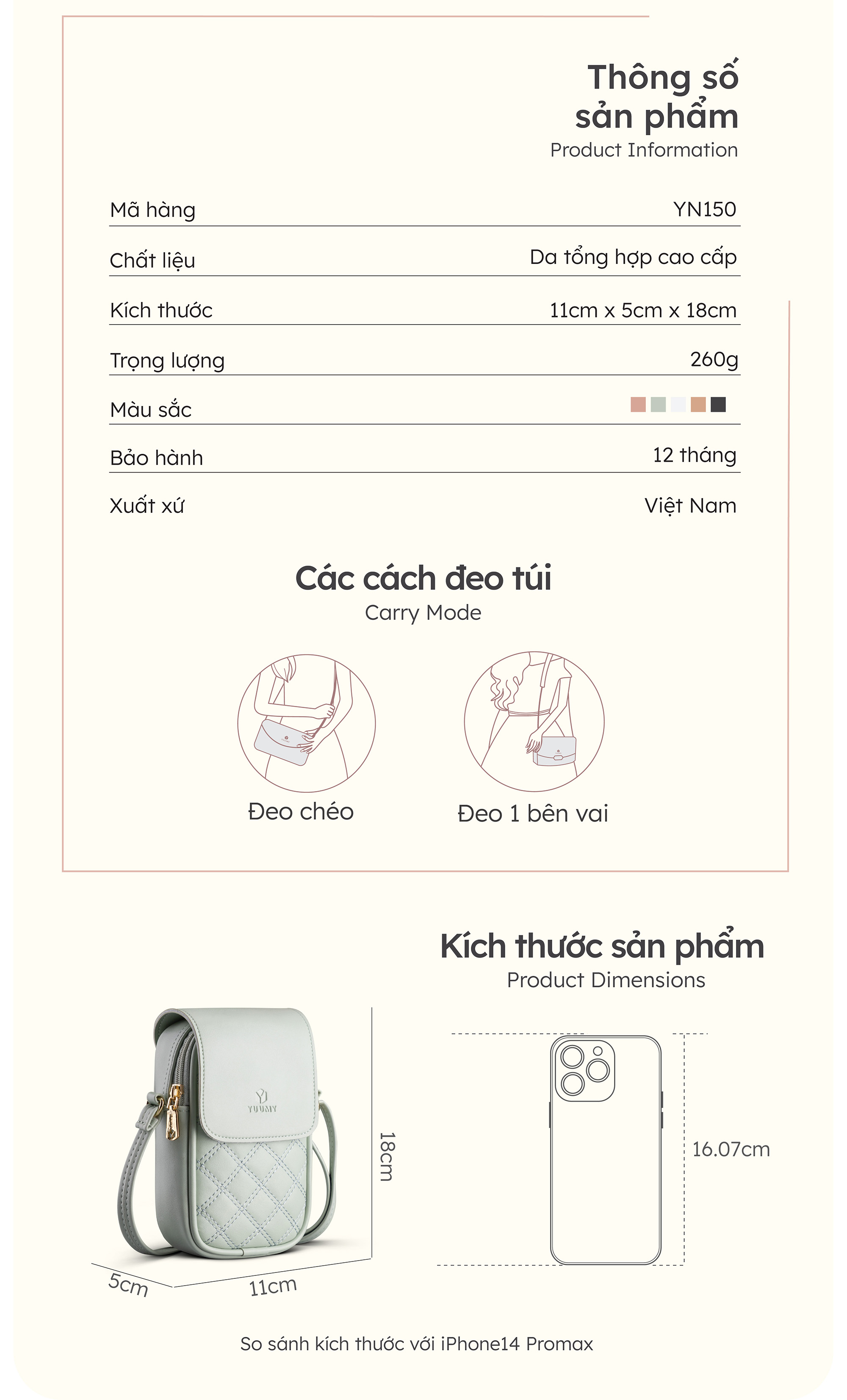 Túi Yuumy ( Thời trang nữ đi chơi size 11 - Túi đeo chéo da Seasand YN150 )