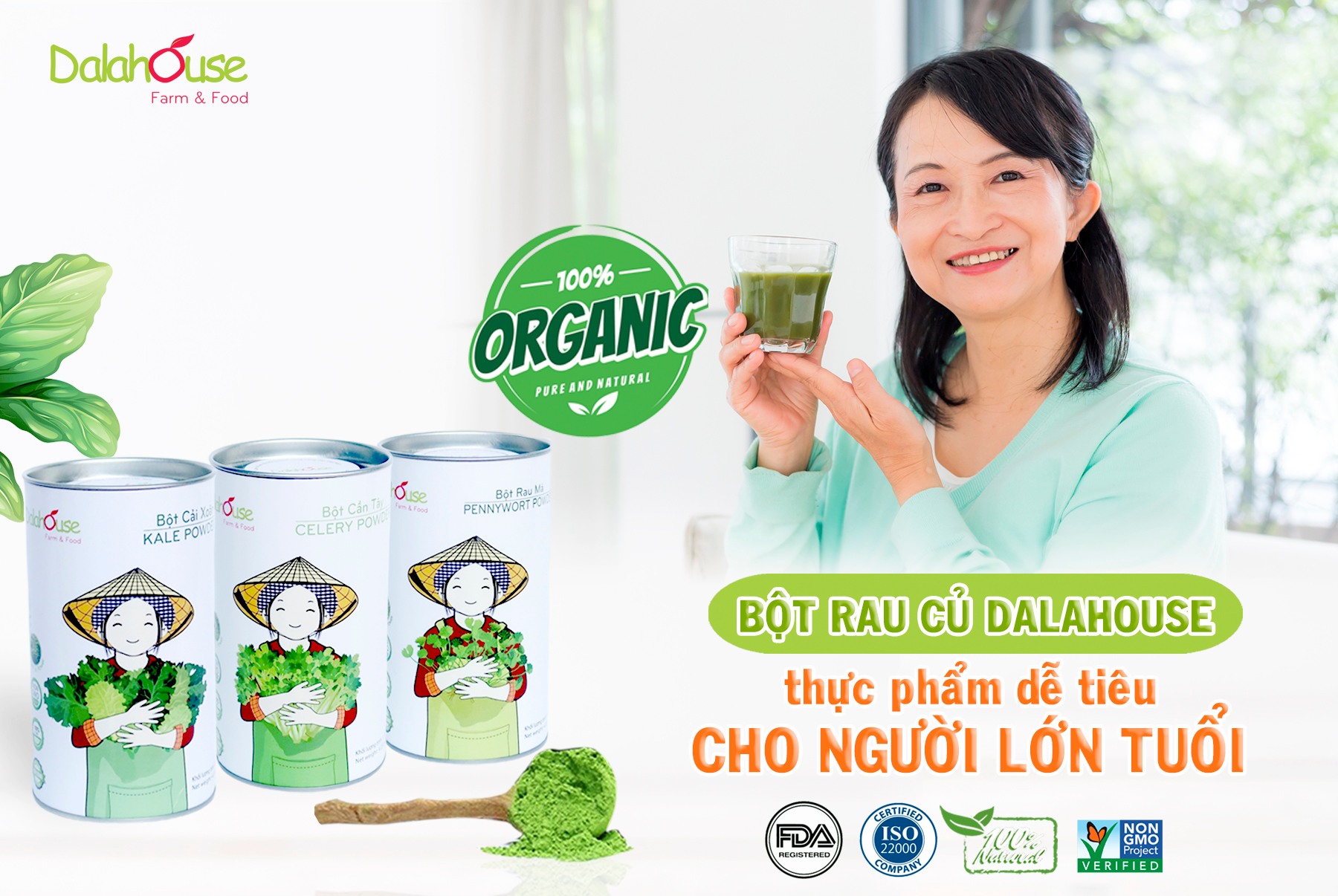 Bột cải Kale/Cải Xoăn hữu cơ nguyên chất sấy lạnh Dalahouse - Mẫu mới 2022 - Đào thải độc tố, chống ô xy hóa, bổ sung can xi hữu cơ cho cơ thể