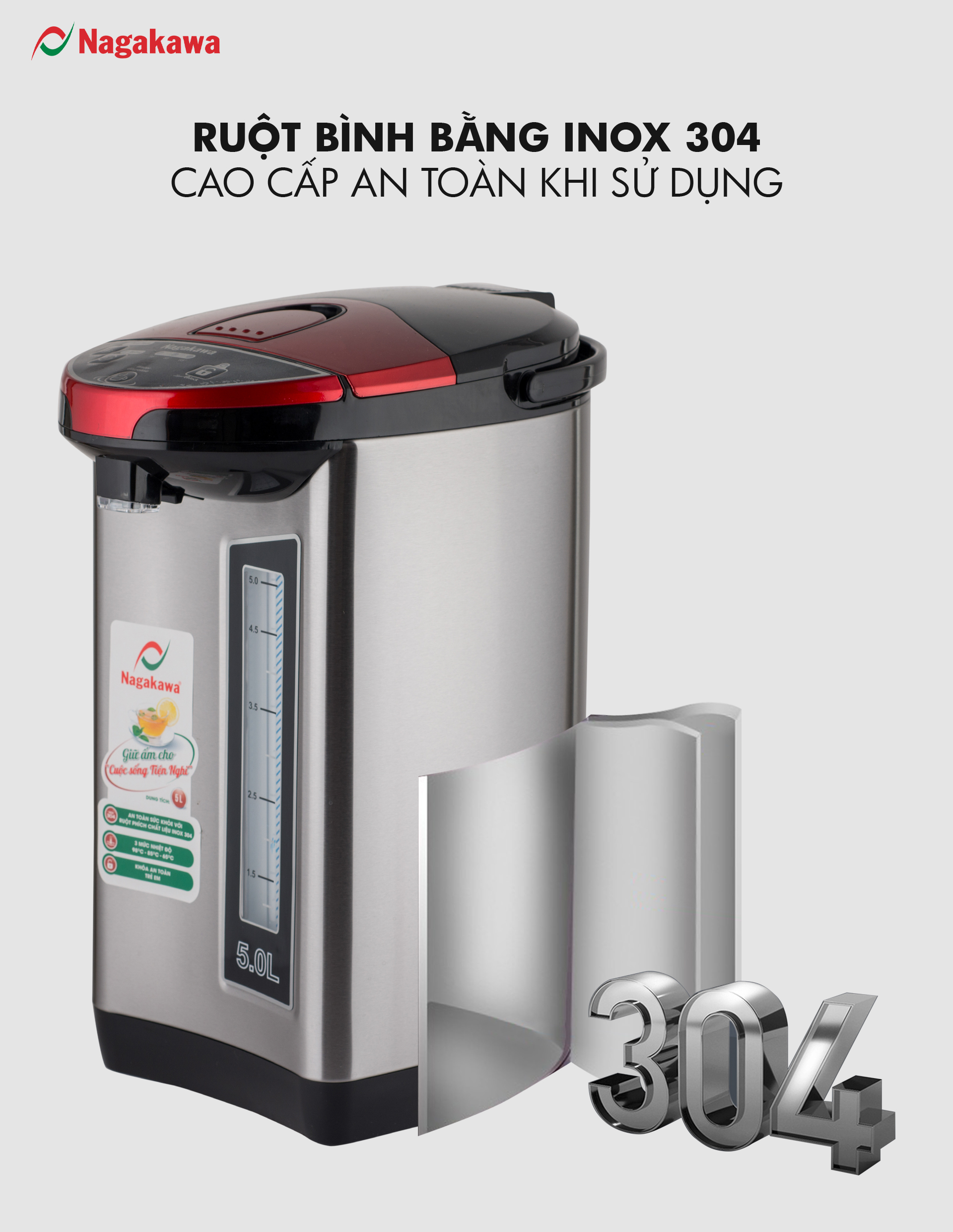 Bình Thủy Điện 3 Mức Nhiệt Nagakawa NAG0405 (5.0 Lít) - Hàng Chính Hãng