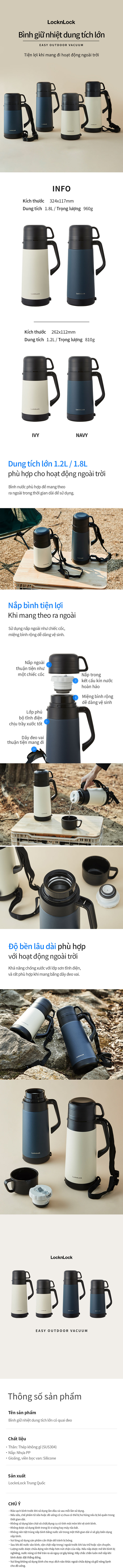 Bình giữ nhiệt LocknLock Easy Outdoor Vacuum Bottle LHC1484 - Có nắp sử dụng được như cốc và dây đeo vai - 1.2L - Hàng chính hãng - Ngà