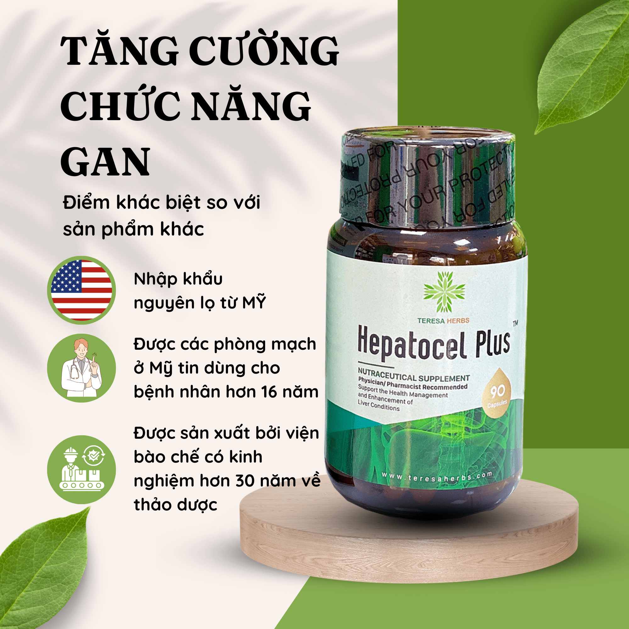 Thực phẩm bảo vệ sức khỏe Tăng cường chức năng gan Hepatocel Plus Teresa Herbs (Lọ 90 viên)