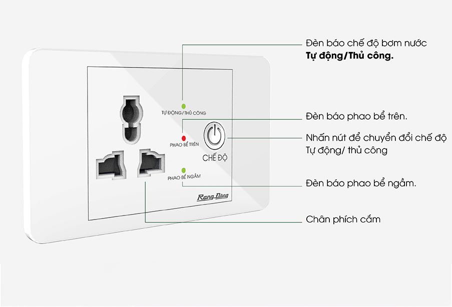 Ổ Cắm Máy Bơm An Toàn Rạng Đông OC03.MB 16A - Ổ Cắm Chống Giật Cấp N guồn 5V Cho Phao Điện - Công Suất 1500W