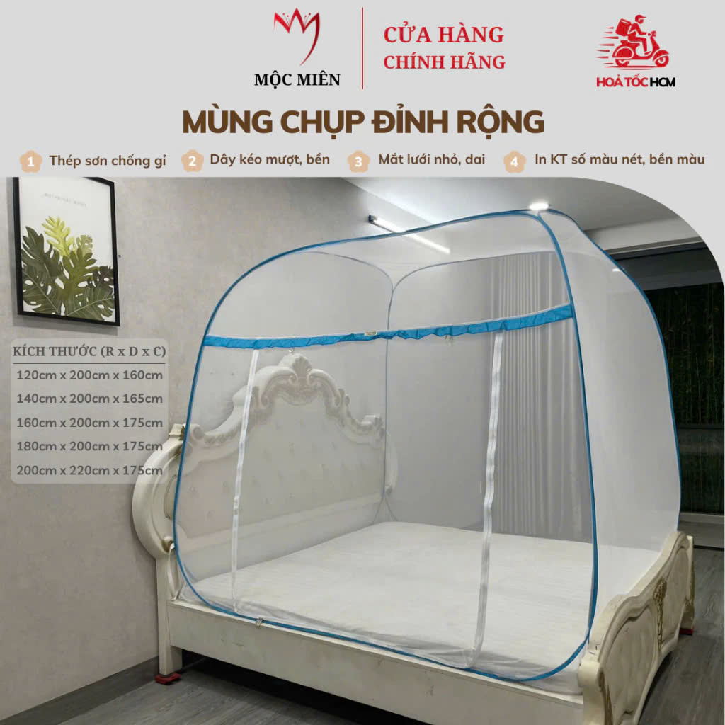 Mùng Chụp Tự Bung Cao Cấp Mộc Miên - Đỉnh Rộng 1m6x 2m