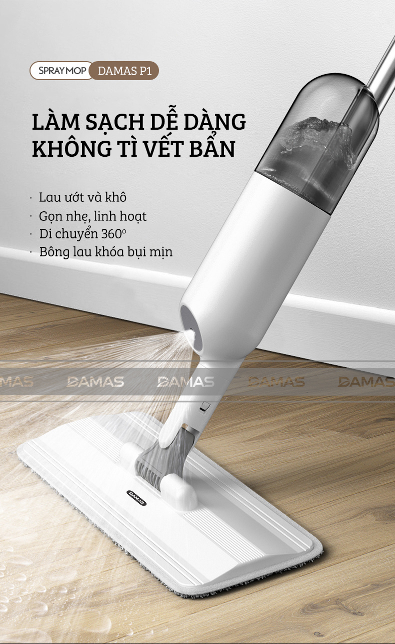Cây Lau Nhà Phun Sương, Chổi Lau Nhà 360° Lau Sạch Khô Nhanh Cao Cấp Damas P1 Pro - Bản Lau To Giúp Lau Sạch Nhanh Chóng, Khớp Xoay 180 Độ Linh Hoạt - Thiết Kế Mới Tích Hợp Bình Chứa Dung Dịch Với Tốc Độ Phun Sương 0.1s - Hàng Chính Hãng