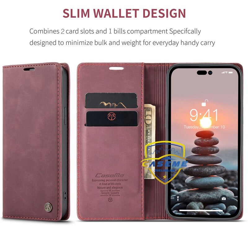 Bao da bò thật dạng ví dành cho iPhone 14 Pro Max Caseme - Hàng Nhập Khẩu