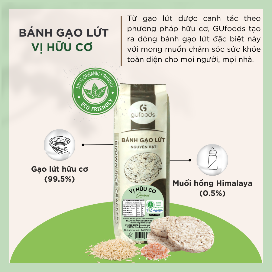Bánh gạo lứt GUfoods (170g) - Không chiên dầu, Không đường, Từ gạo và ngũ cốc nguyên hạt, Lành mạnh, Phù hợp Eat clean, Ăn vặt healthy, Thực dưỡng, Tập gym, Thuần chay, Đa dạng hương vị