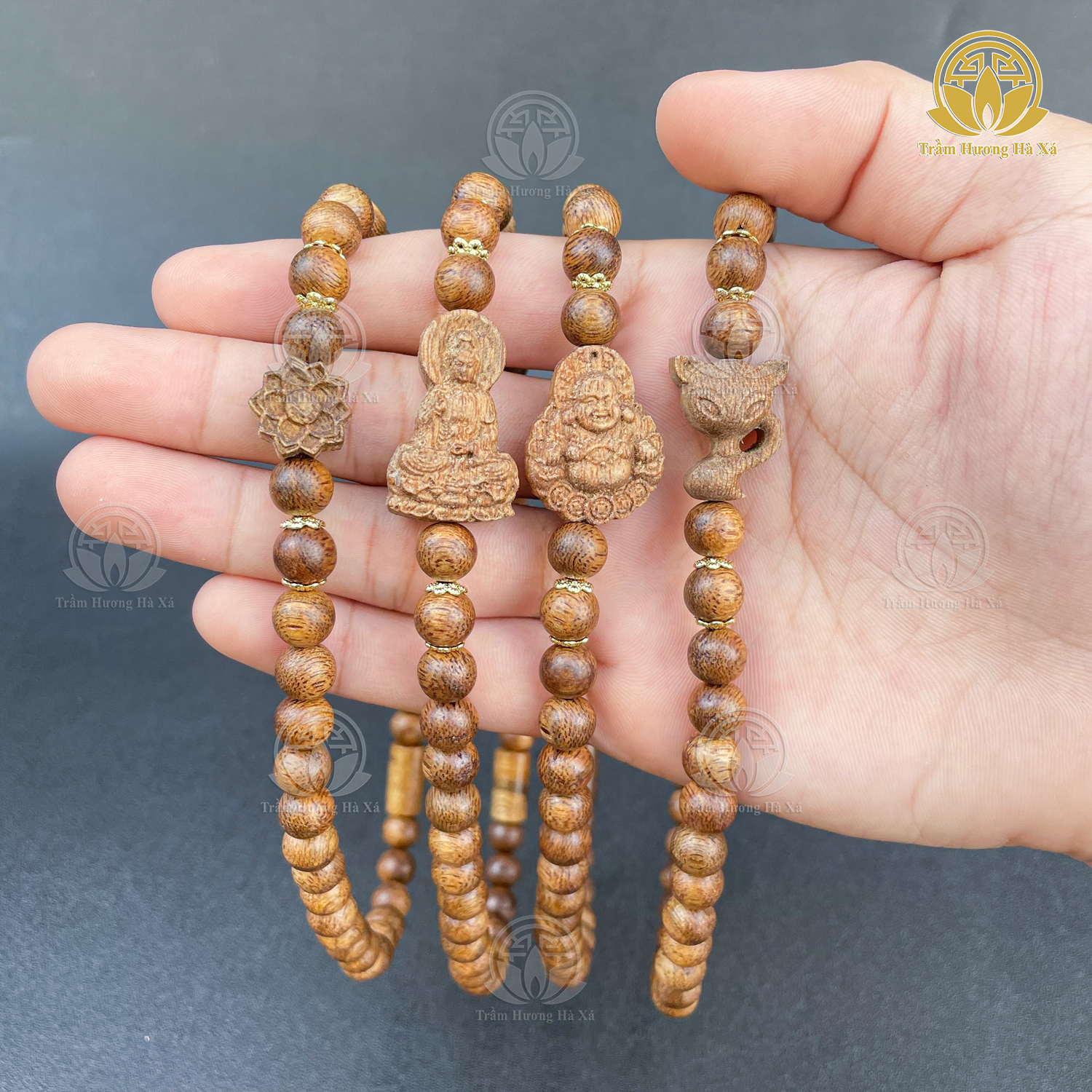 Vòng tay đôi trầm hương phong thủy HÀ XÁ mix charm hoa sen hồ ly phật di lặc phật bà quan thế âm đeo tay cặp đôi nam nữ may mắn bình an tài lộc