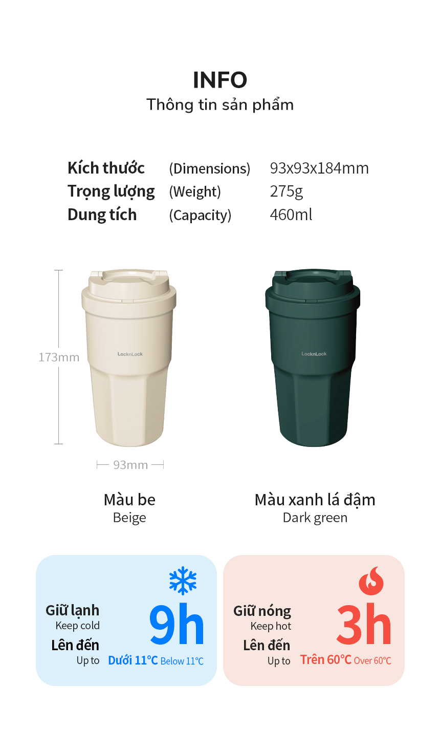 Ly giữ nhiệt LocknLock 460ml Coffee Tumbler màu xanh lá - LHC3329DGRN - Hàng chính hãng, thép không gỉ 316L - JoyMall