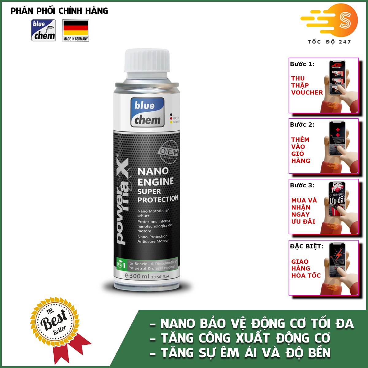 Bộ 3 Sản Phẩm Bluechem Làm Sạch Và Bảo Dưỡng Động Cơ Ô tô Xăng (3 x 250ml)