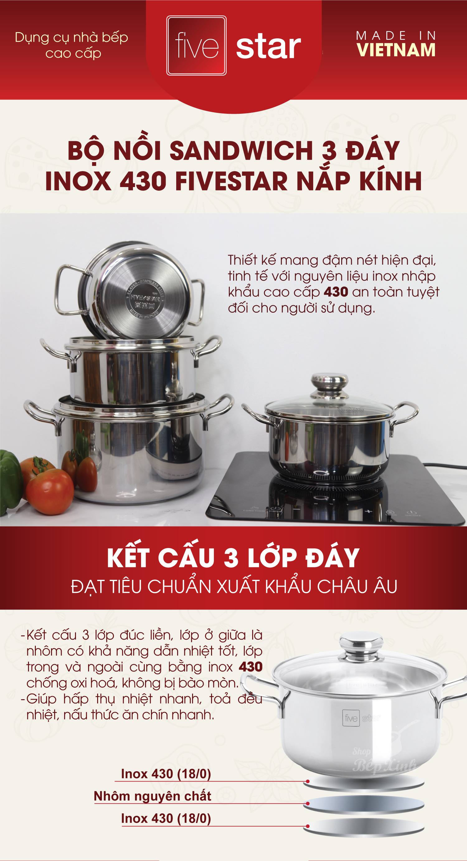 Bộ nồi chảo chống dính Fivestar 3 đáy từ nắp kính ( tặng 2 vá canh )