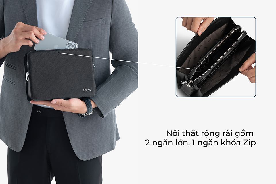 Ví Da Cầm Tay Clutch Nam Hàng Hiệu GENCE CK14 Da Bò Khóa Số Cao Cấp Màu Đen