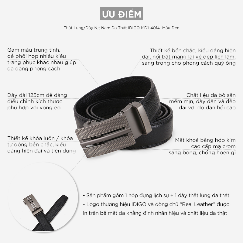 Thắt Lưng Nam Da Thật IDIGO MD1-4014 Màu Đen