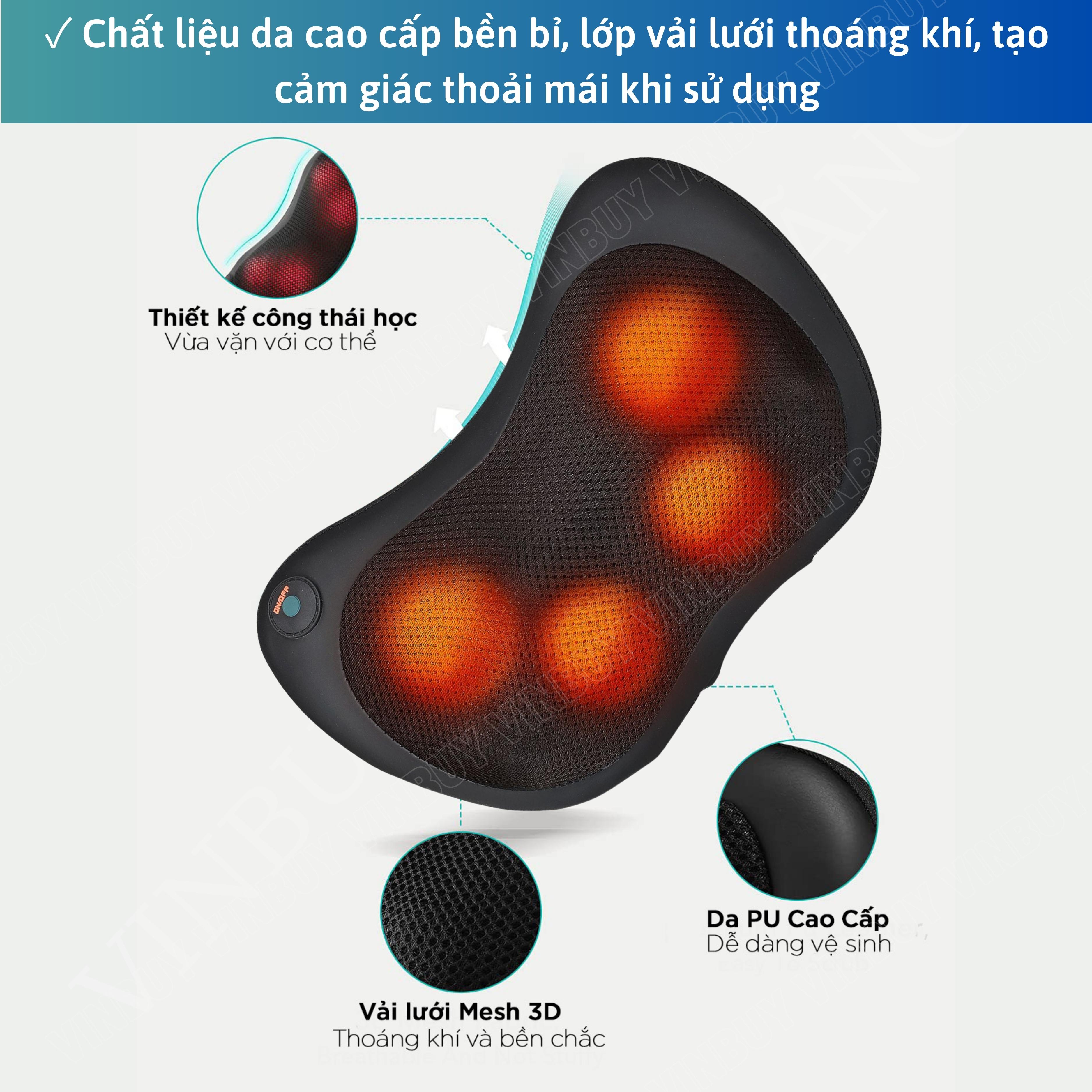 Gối Massage Cổ Vai Gáy Hồng Ngoại VINBUY, Máy Massage Cổ Vai Gáy 2 Chiều - Mát Xa Chuyên Sâu Cho Cổ, Vai Gáy, Lưng Dưới, Đùi, Chân - Sử Dụng Tại Nhà, Văn Phòng, Trên Ô Tô - Hàng Chính Hãng