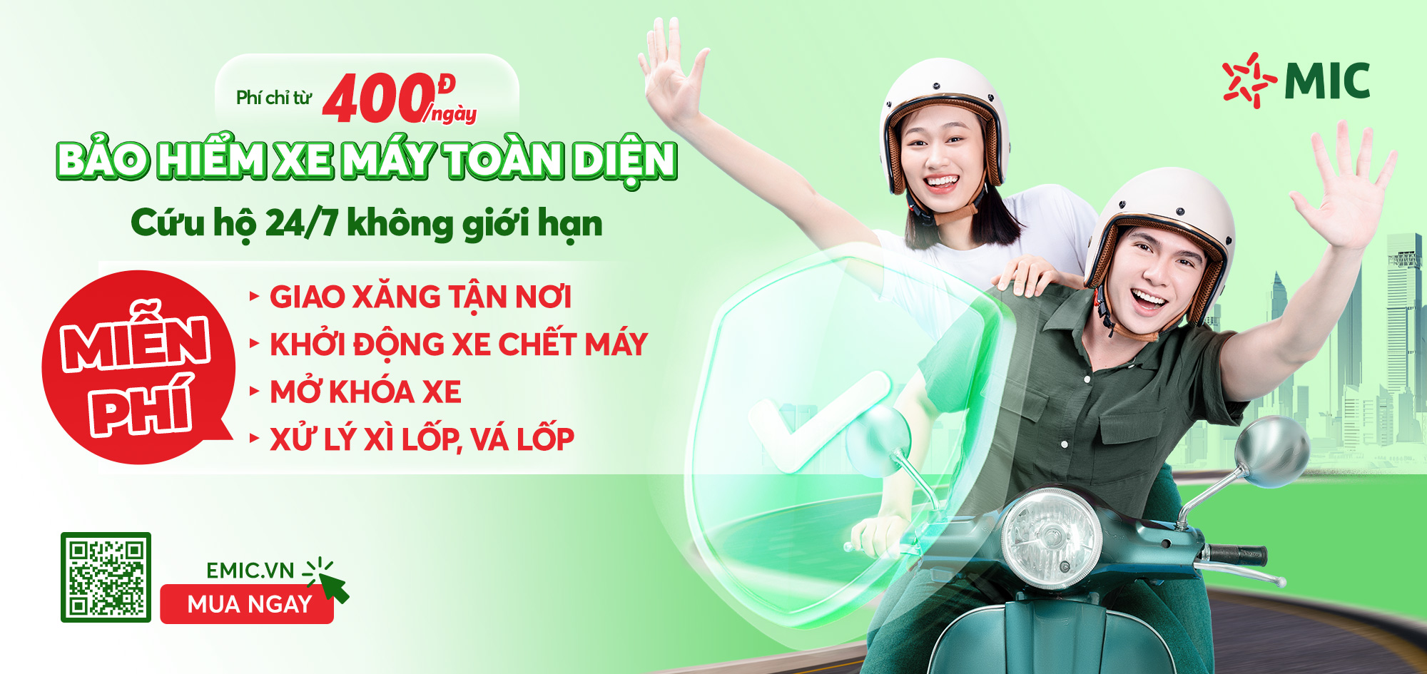 Bảo hiểm xe máy toàn diện MIC + TNDS bắt buộc, cứu hộ miễn phí 24/7 không giới hạn số lần
