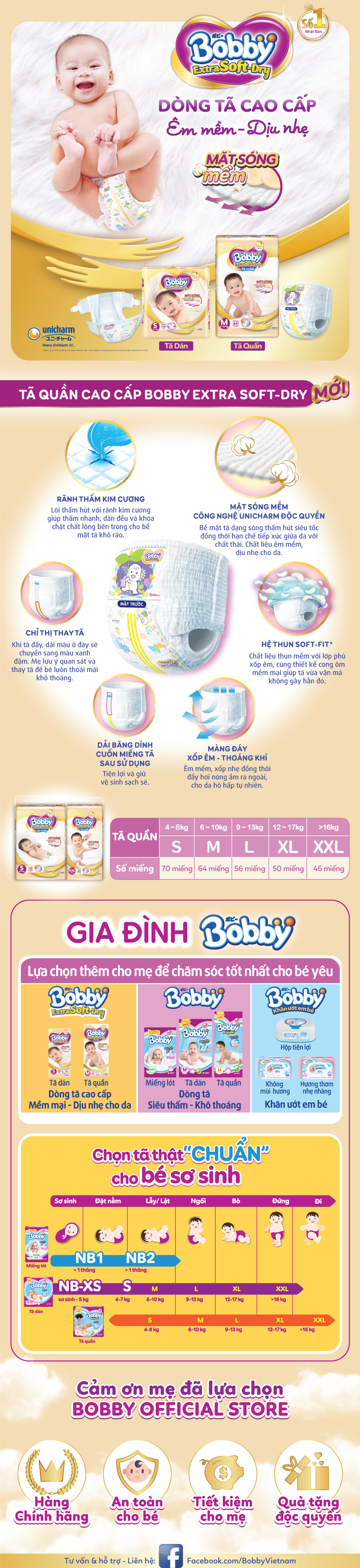Tã Quần Siêu Mềm Bobby Extra Soft Dry Gói Siêu Lớn M-64 Miếng (6-10kg)