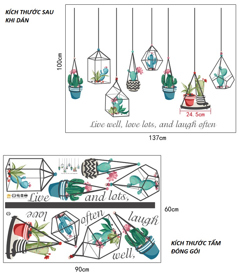 Decal dán tường Giàn treo chậu xương rồng và thông điệp ý nghĩa - DKN103 AmyShop (100 x 137 cm)