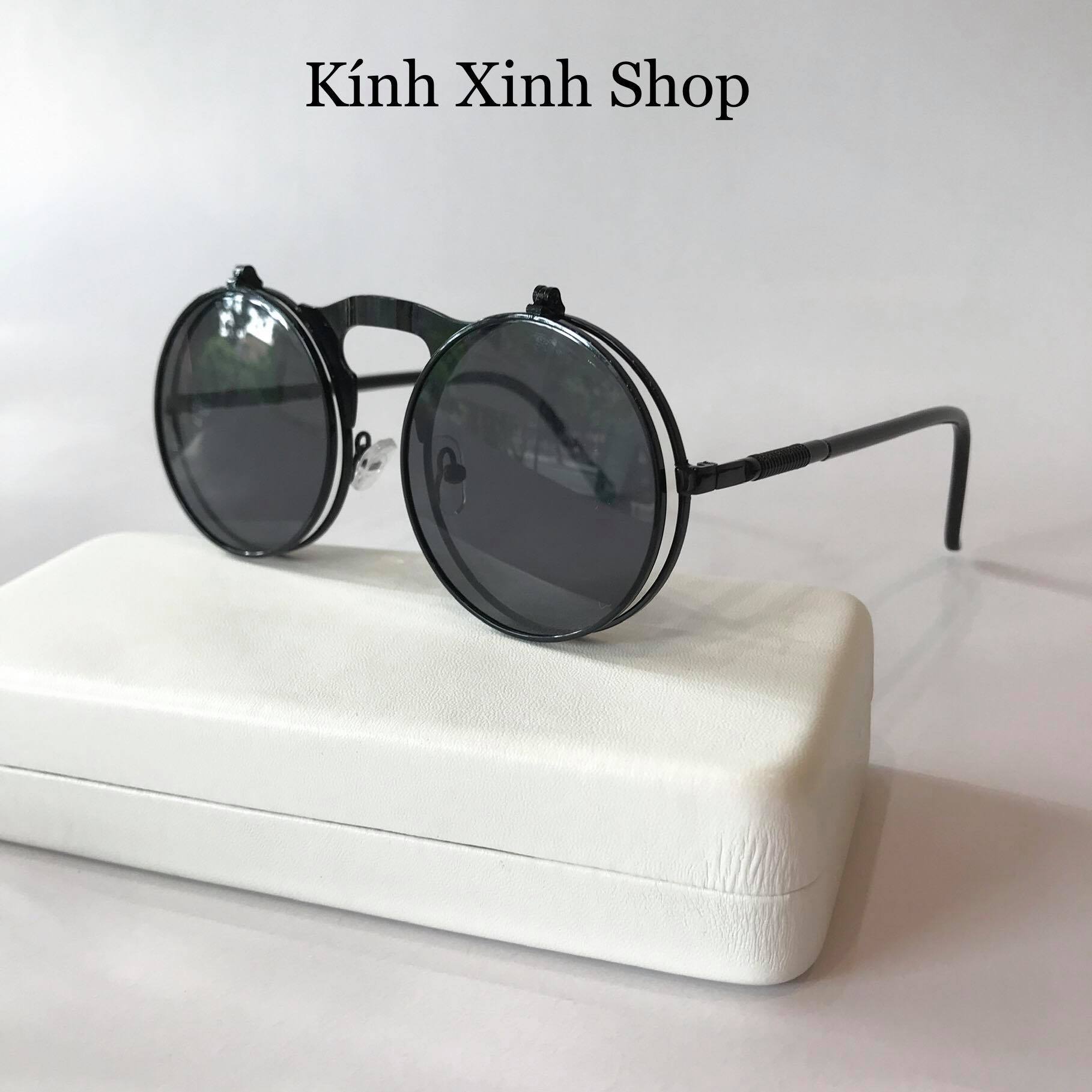 Kính Râm, Kính Mát Nam Nữ Mắt Tròn 2 Tròng Mở Nắp 2in1 Gọng Kim Loại Cao Cấp