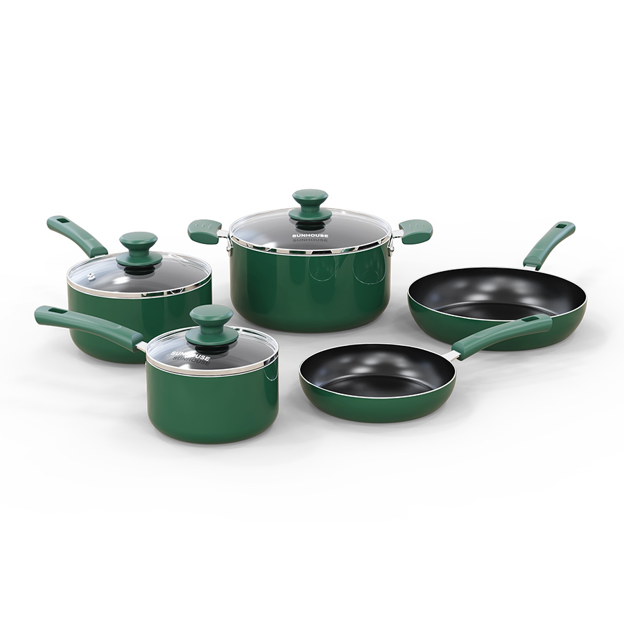 Bô nôi chao chông dính Sunhouse cao cấp AM1101G 8 món - Tiêu chuẩn Mỹ  1 chảo size 20cm, 1 chảo size 20cm, 1 quánh size 16cm , 1 quánh 20cm , 1 nồi size 24cm , 3 vung nồi các size 162024cm